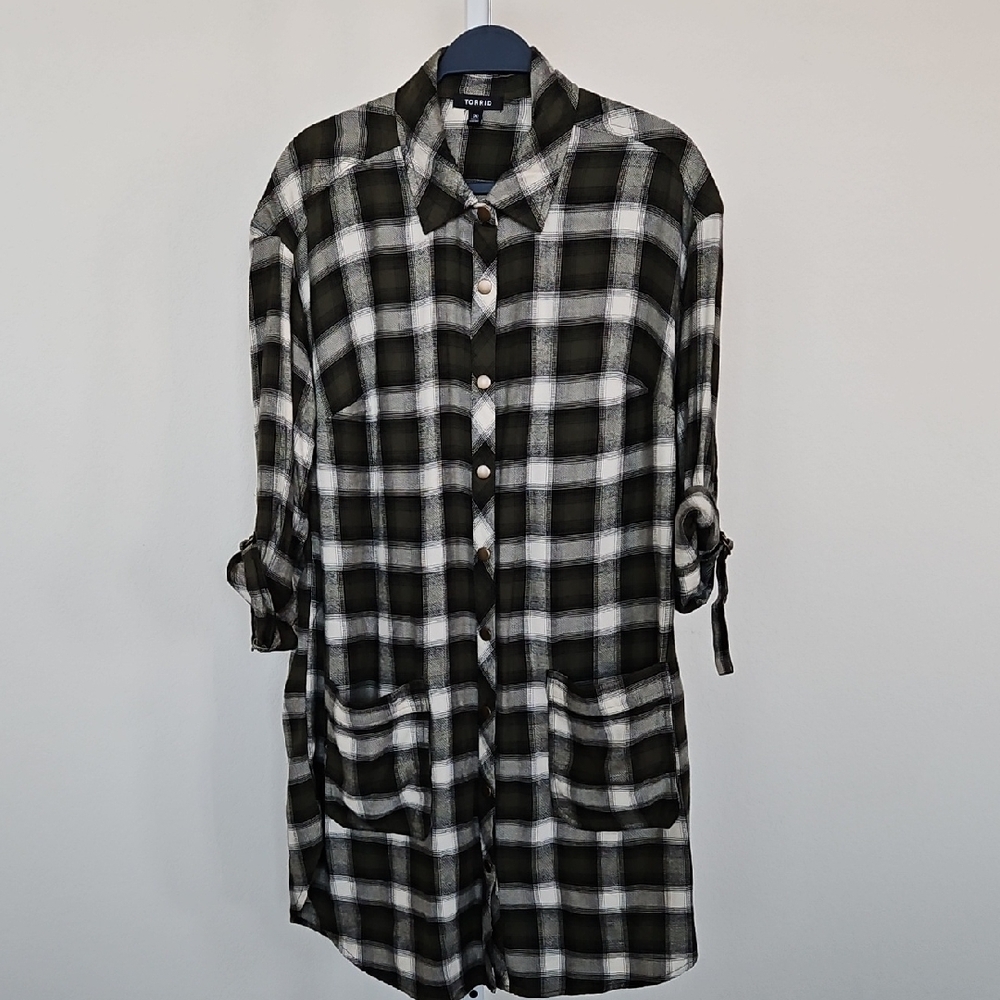 Torrid Green and White Extra LONG Plaid Shirt